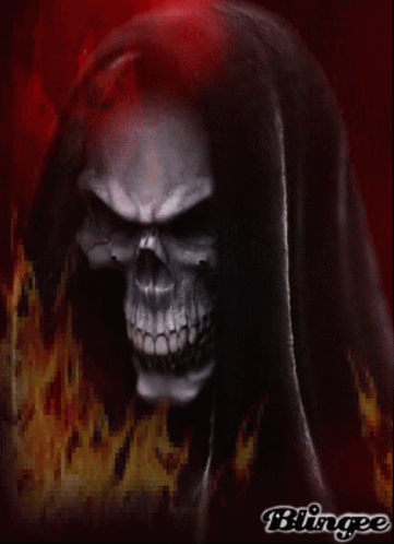 a skull head with a long black robe with a grim face on it