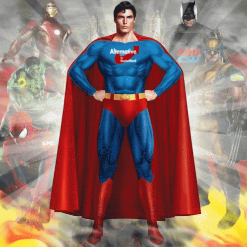 an animated superman standing up with his hands on his hips