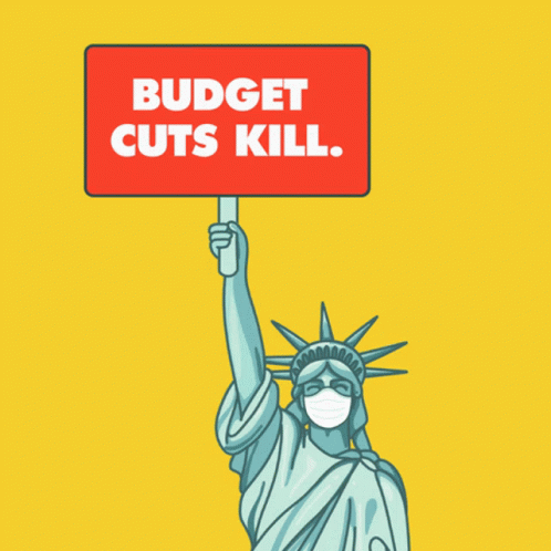 a cartoon of a statue of liberty holding a sign that reads budget cuts 