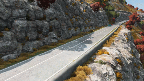 a computer generated image of a road leading to the mountains
