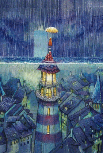 an artistic drawing of a lighthouse in the middle of town