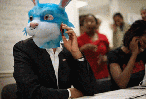 a person with a rabbit mask on in front of a desk