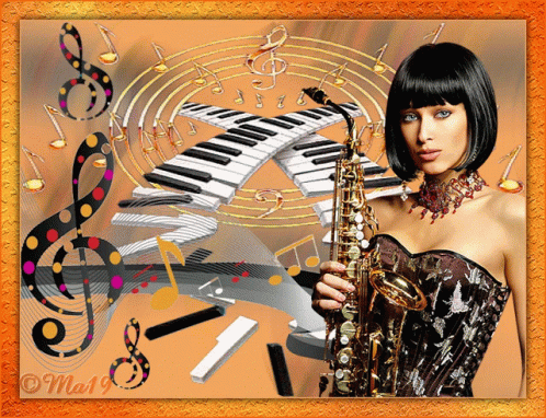 a woman holding a saxophone and wearing musical notes