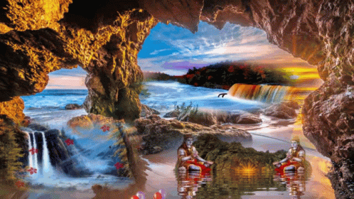 the cave has many colorful images that are displayed