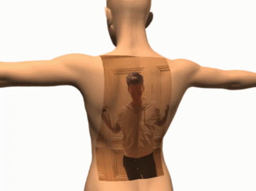 the 3d man's back with his hand extended