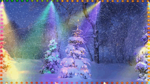 this image is of a colorful scene with three lights and a snowy christmas tree