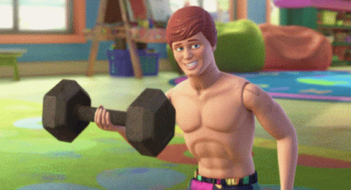 the character in the video shows him he is holding a large pair of weights