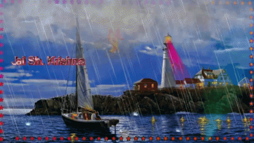 the colorful painting shows the lighthouse in the background