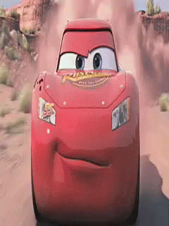 a cartoon character drives down the road next to a hill