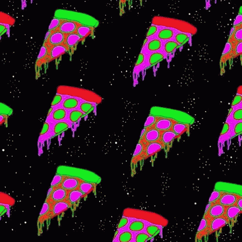 a group of psychedelic colored pizza on black paper