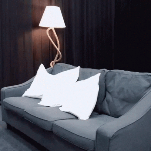 a couch is sitting near a lamp in the living room