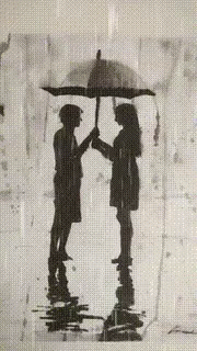 the silhouettes of two people under an umbrella in the rain