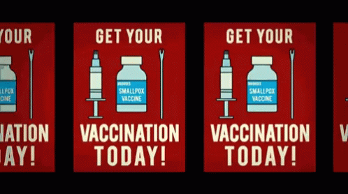 three poster boards with two bottles and a vaccination device in each