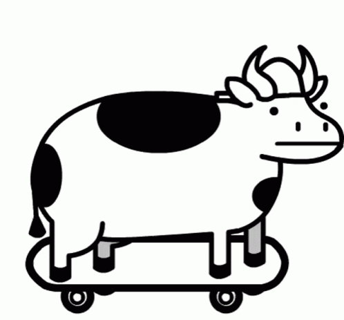 a black and white cow standing on top of a small trailer