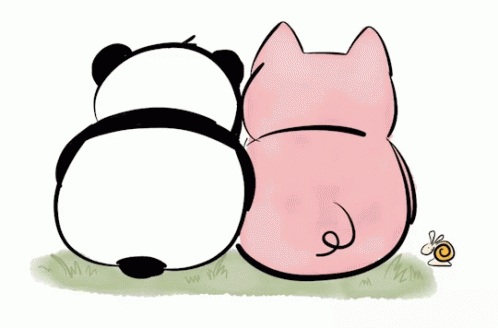 a cartoon panda hugging another panda on the ground