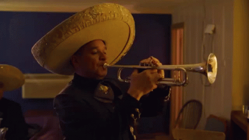 a man is wearing a mexican hat and playing the trumpet