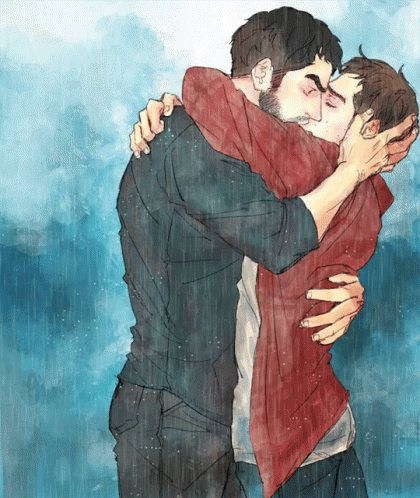 a painting of two people hugging in the rain