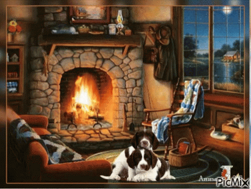 this is a fireplace and a dog in a room