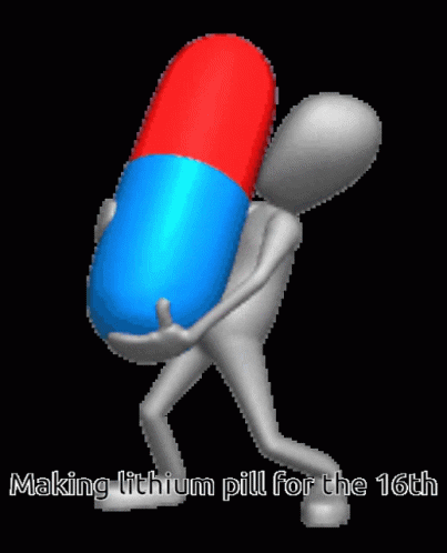 a person carrying an orange and blue pill on his back