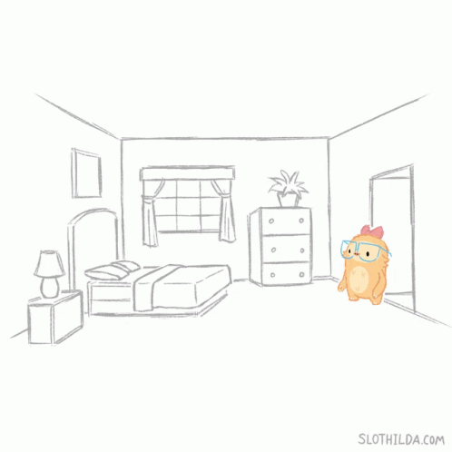 a sketch of a blue cat in a bedroom