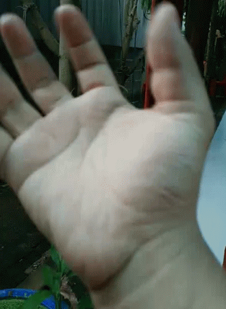 a white hand on a table that has blue powder on it