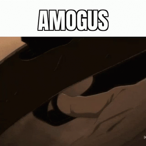 the words amogus written in black, white and gray