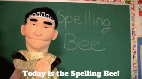 an animated doll sitting in front of a sign that reads spelling bee today is the spelling bee