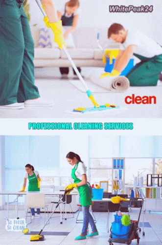 two different images show people cleaning their floors
