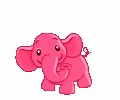 an elephant on a white background with blue and yellow writing