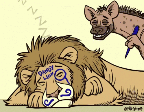 an illustration shows a man attacking a lion with the words party lora