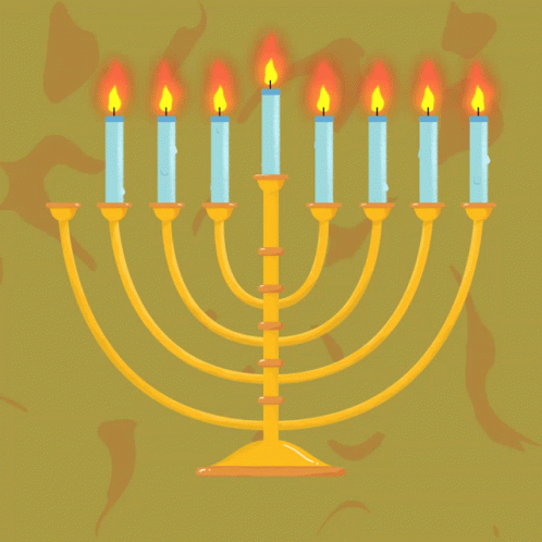 a menorah lit up with six blue candles