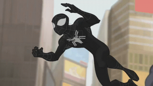 an animated black spider - man with white accents in the city