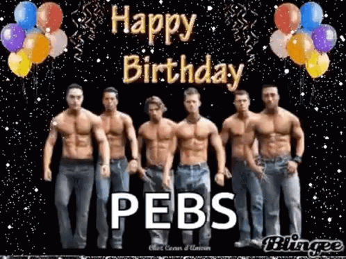 a card of three male bodybuilding models with the words, happy birthday peps