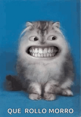 a white cat with its mouth open, smiling
