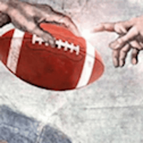 hands reaching for a blue and white football