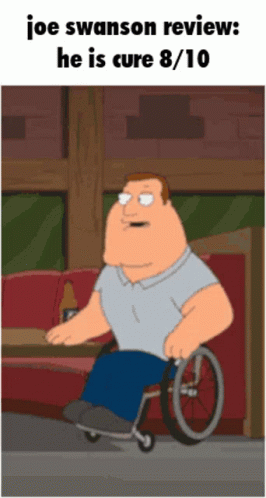 the cartoon character is riding his wheel chair in a room with lots of furniture