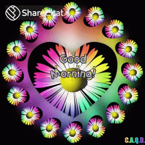 the words good morning are shown in a rainbow colored flower design