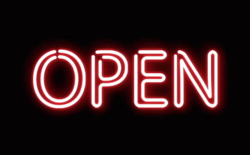 a blue neon sign that says open