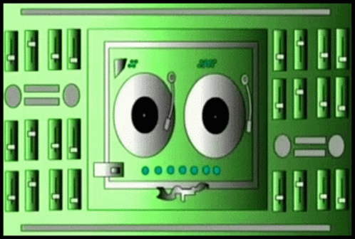 a computer with two eyes is shown in green