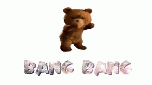 a blue bear standing up next to the word bang bang