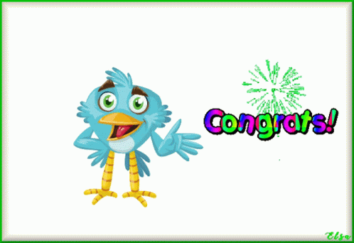 a cartoon bird has the words congrats written on it