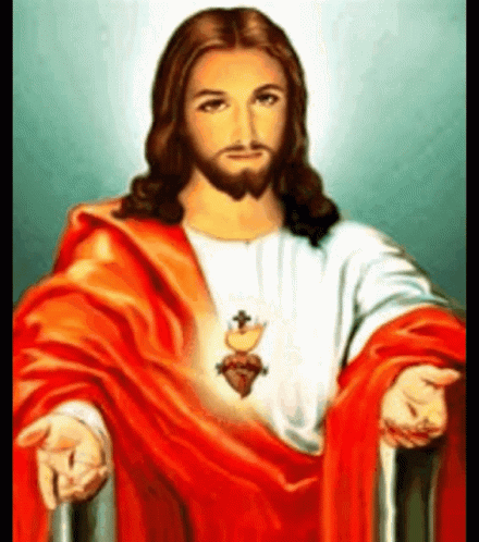 a painting of jesus sitting down with his arms crossed