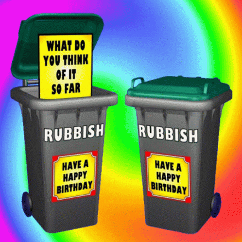 two trash cans with funny signs over them
