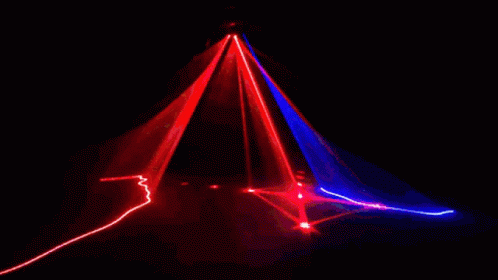 red and blue lights appear to form a cone on a dark surface