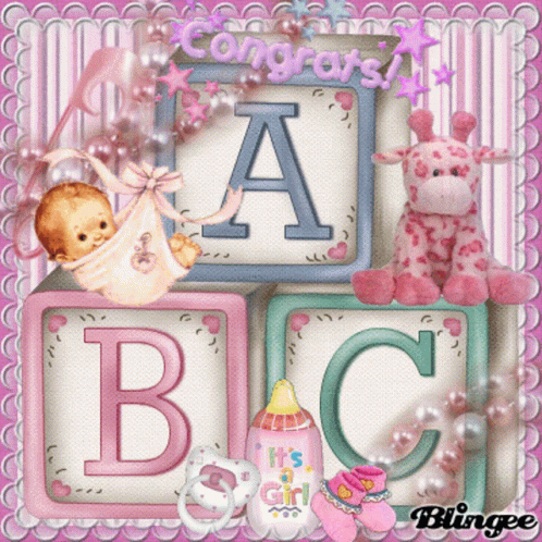 the letter c in a frame contains a baby, a teddy bear and a bottle of  milk