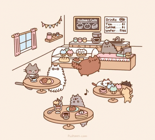 some cats having breakfast in a very cute looking room