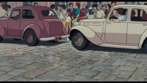 there are three small cars in the animation