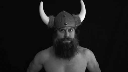 a man with a horned helmet is posing for the camera