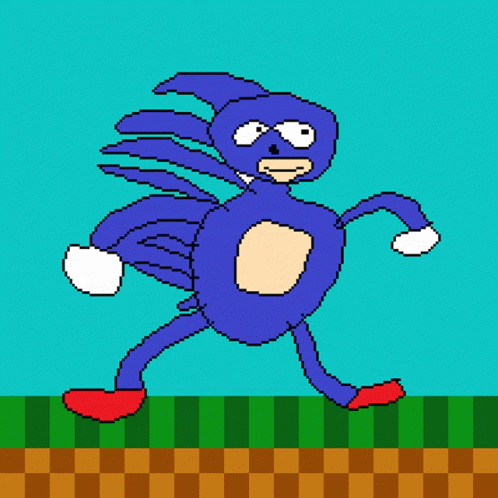 the character is running on a green and blue tiled floor