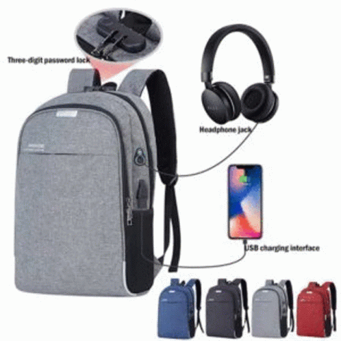 a back pack with headphones, a cell phone, headphones, and other things